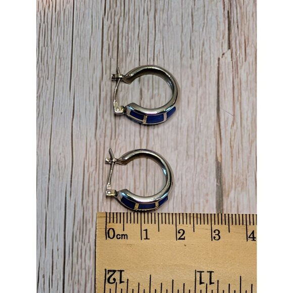 Silver Hoop Earrings With Blue Lapis Inlay For Women - Picture 6 of 10